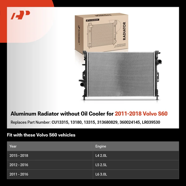 Aluminum Radiator without Oil Cooler for 2011-2018 Volvo S60