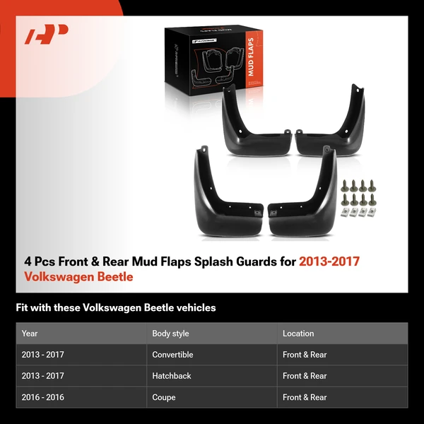 4 Pcs Front & Rear Mud Flaps Splash Guards for 2013-2017 Volkswagen Beetle