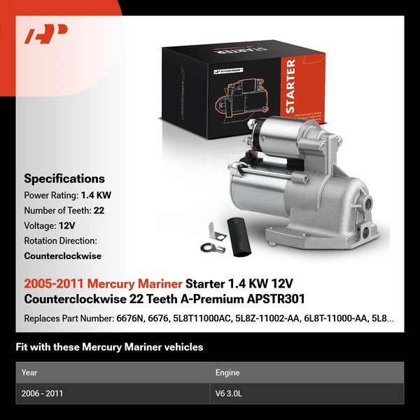 2005-2011 Mercury Mariner Starter 1.4 KW 12V Counterclockwise 22 Teeth A-Premium APSTR301