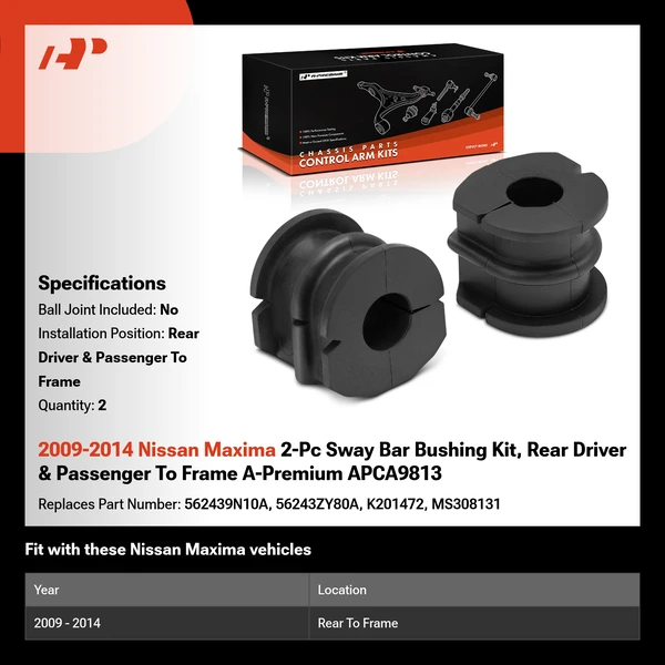 2009-2014 Nissan Maxima 2-Pc Sway Bar Bushing Kit, Rear Driver & Passenger To Frame A-Premium APCA9813