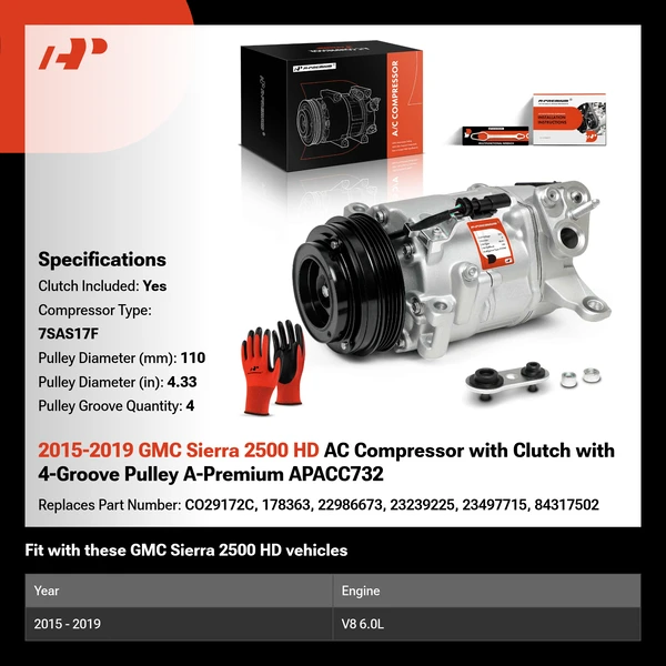 2015-2019 GMC Sierra 2500 HD AC Compressor with Clutch with 4-Groove Pulley A-Premium APACC732
