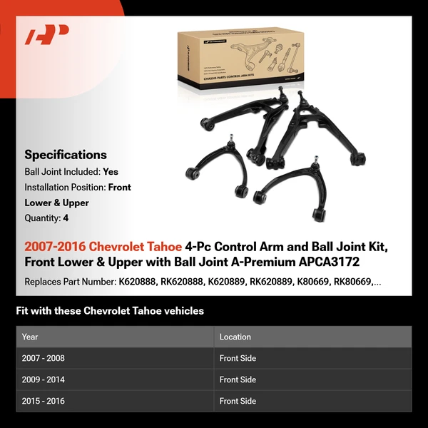2007-2016 Chevrolet Tahoe 4-Pc Control Arm and Ball Joint Kit, Front Lower & Upper with Ball Joint A-Premium APCA3172