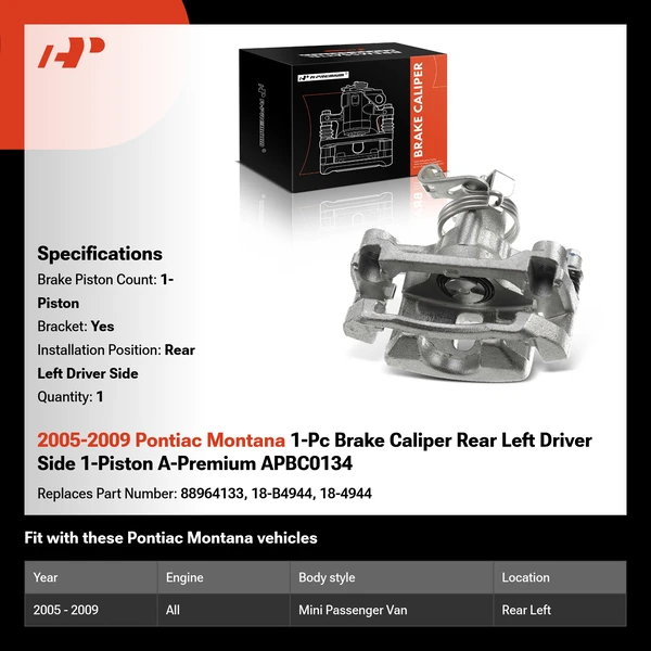 2005-2009 Pontiac Montana 1-Pc Brake Caliper Rear Left Driver Side 1-Piston A-Premium APBC0134