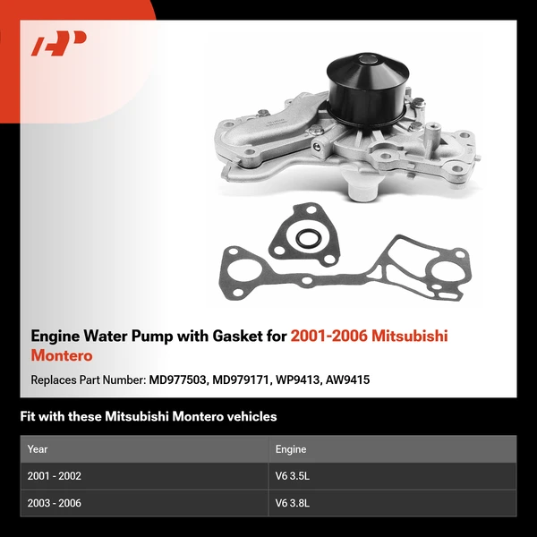 Engine Water Pump with Gasket for 2001-2006 Mitsubishi Montero