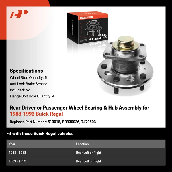 Rear Driver or Passenger Wheel Bearing & Hub Assembly for 1988-1993 Buick Regal