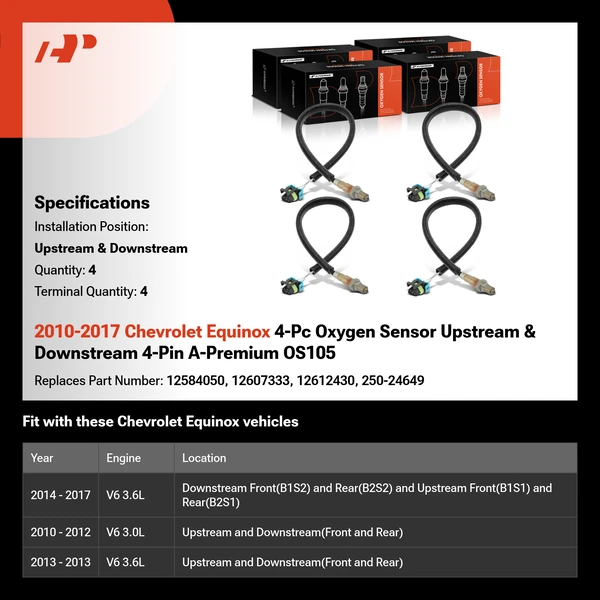 2010-2017 Chevrolet Equinox 4-Pc Oxygen Sensor Upstream & Downstream 4-Pin A-Premium OS105