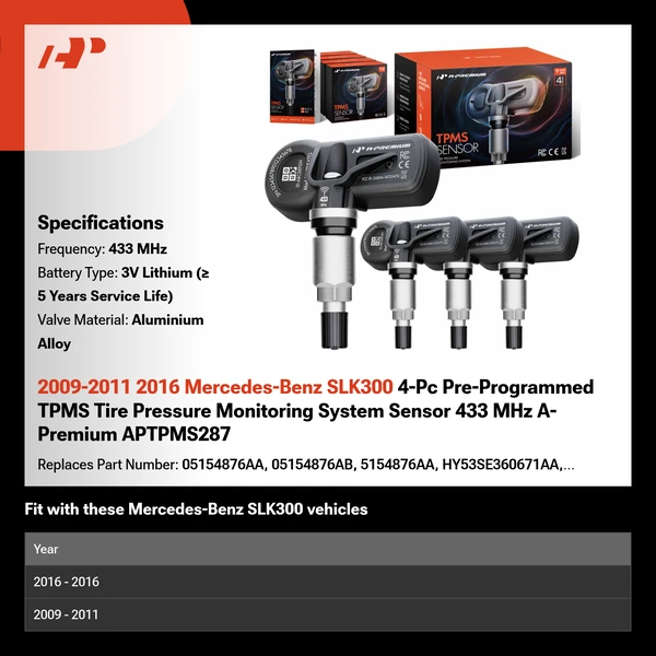2009-2011 2016 Mercedes-Benz SLK300 4-Pc Pre-Programmed TPMS Tire Pressure Monitoring System Sensor 433 MHz A-Premium APTPMS287