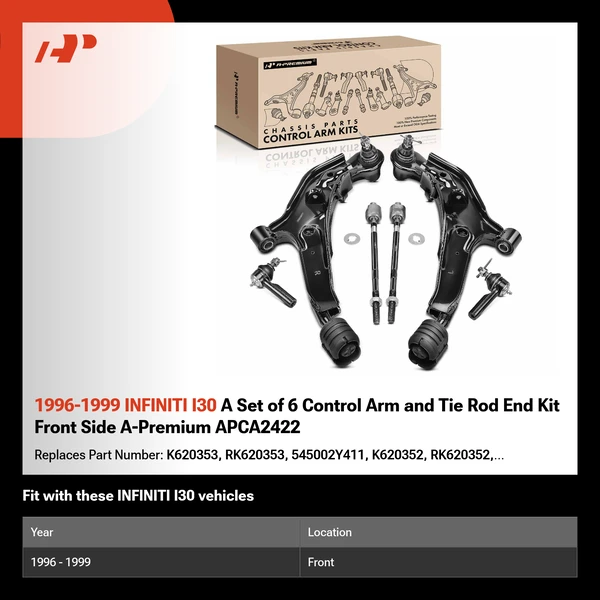1996-1999 INFINITI I30 A Set of 6 Control Arm and Tie Rod End Kit Front Side A-Premium APCA2422