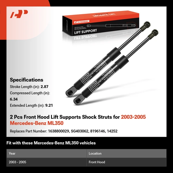 2 Pcs Front Hood Lift Supports Shock Struts for 2003-2005 Mercedes-Benz ML350