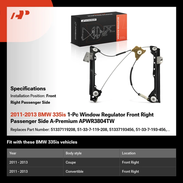 2011-2013 BMW 335is 1-Pc Window Regulator Front Right Passenger Side A-Premium APWR3804TW