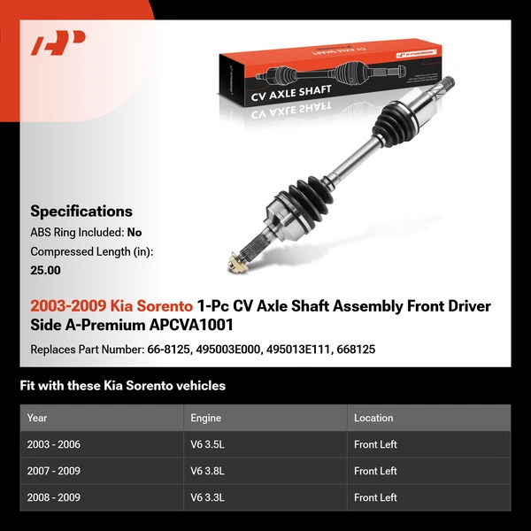 2003-2009 Kia Sorento 1-Pc CV Axle Shaft Assembly Front Driver Side A-Premium APCVA1001