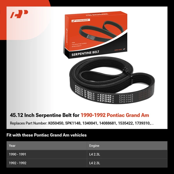 45.12 Inch Serpentine Belt for 1990-1992 Pontiac Grand Am