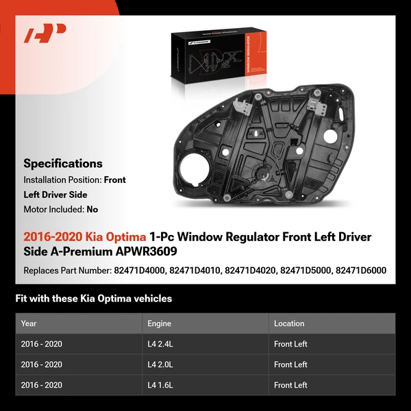 2016-2020 Kia Optima 1-Pc Window Regulator Front Left Driver Side A-Premium APWR3609