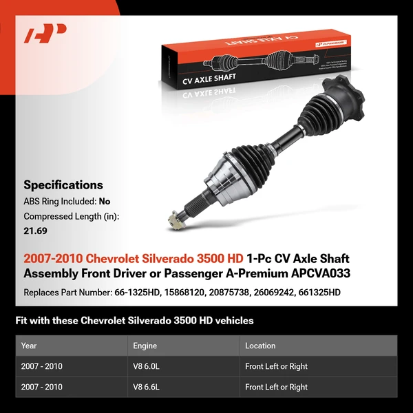 2007-2010 Chevrolet Silverado 3500 HD 1-Pc CV Axle Shaft Assembly Front Driver or Passenger A-Premium APCVA033