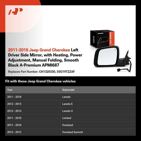 2011-2018 Jeep Grand Cherokee Left Driver Side Mirror, with Heating, Power Adjustment, Manual Folding, Smooth Black A-Premium APMI687