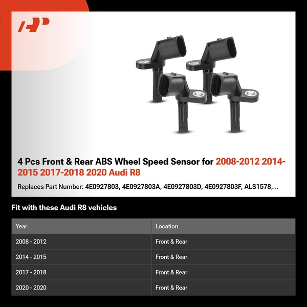 4 Pcs Front & Rear ABS Wheel Speed Sensor for 2008-2012 2014-2015 2017-2018 2020 Audi R8