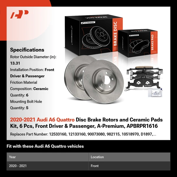 2020-2021 Audi A6 Quattro Disc Brake Rotors and Ceramic Pads Kit, 6 Pcs, Front Driver & Passenger, A-Premium, APBRPR1616