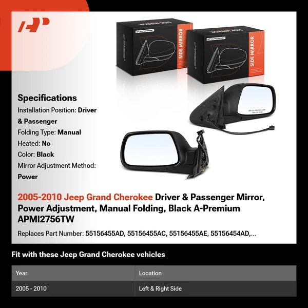 2005-2010 Jeep Grand Cherokee Driver & Passenger Mirror, Power Adjustment, Manual Folding, Black A-Premium APMI2756TW