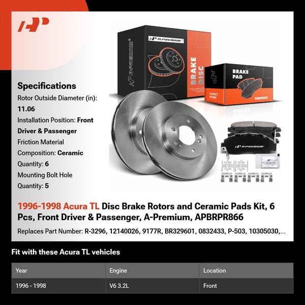 1996-1998 Acura TL Disc Brake Rotors and Ceramic Pads Kit, 6 Pcs, Front Driver & Passenger, A-Premium, APBRPR866