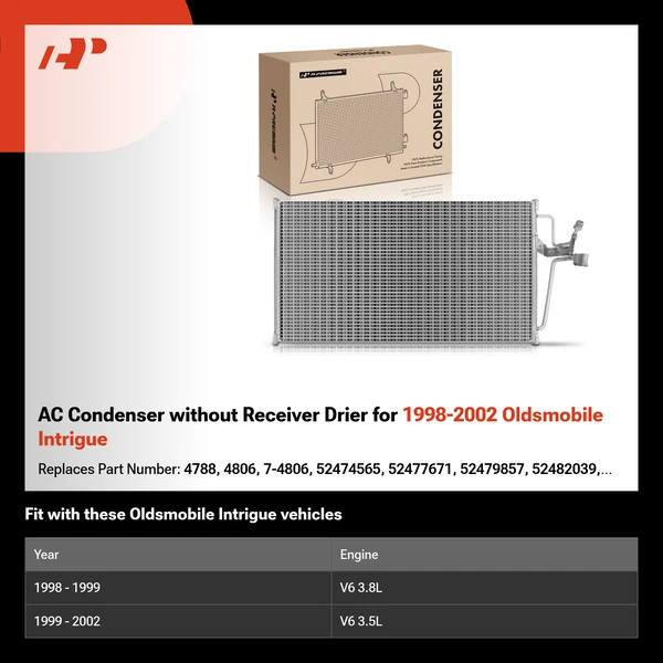 AC Condenser without Receiver Drier for 1998-2002 Oldsmobile Intrigue