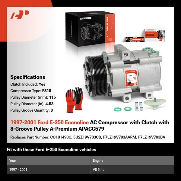 1997-2001 Ford E-250 Econoline AC Compressor with Clutch with 8-Groove Pulley A-Premium APACC579
