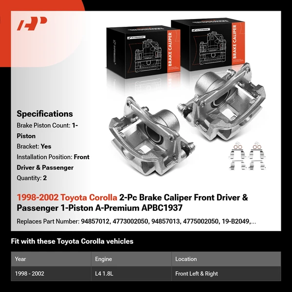 1998-2002 Toyota Corolla 2-Pc Brake Caliper Front Driver & Passenger 1-Piston A-Premium APBC1937