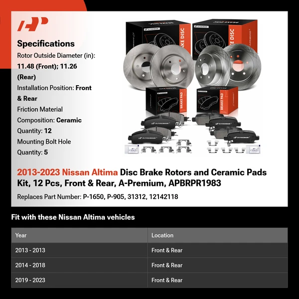 2013-2023 Nissan Altima Disc Brake Rotors and Ceramic Pads Kit, 12 Pcs, Front & Rear, A-Premium, APBRPR1983