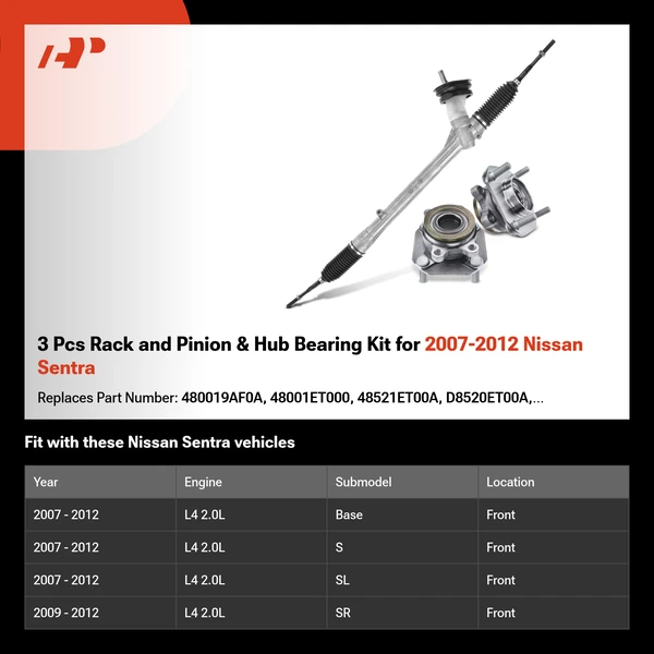 3 Pcs Rack and Pinion & Hub Bearing Kit for 2007-2012 Nissan Sentra