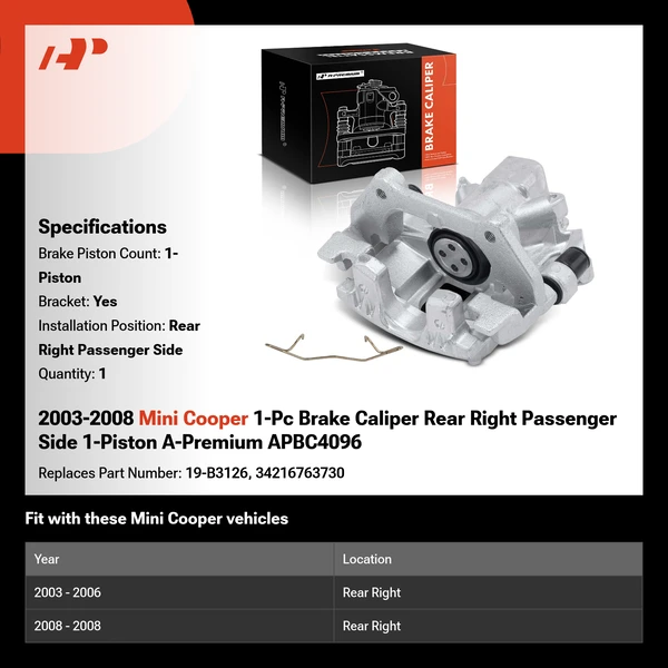 2003-2008 Mini Cooper 1-Pc Brake Caliper Rear Right Passenger Side 1-Piston A-Premium APBC4096