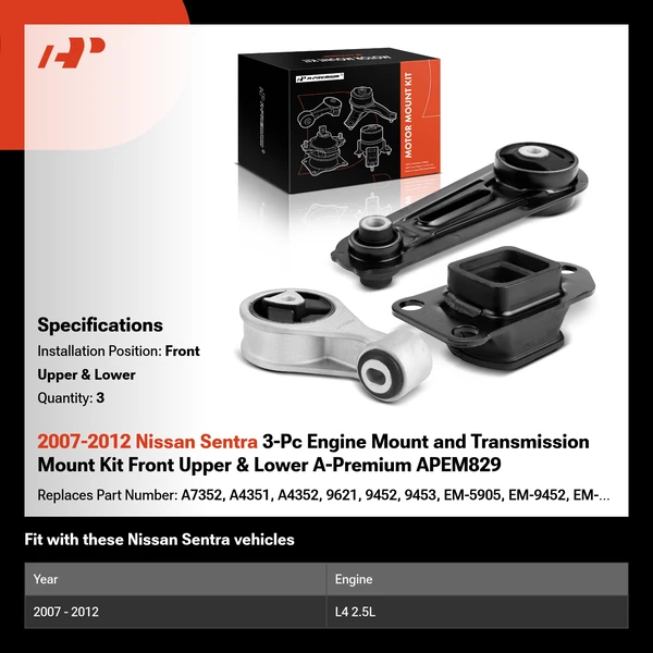 2007-2012 Nissan Sentra 3-Pc Engine Mount and Transmission Mount Kit Front Upper & Lower A-Premium APEM829