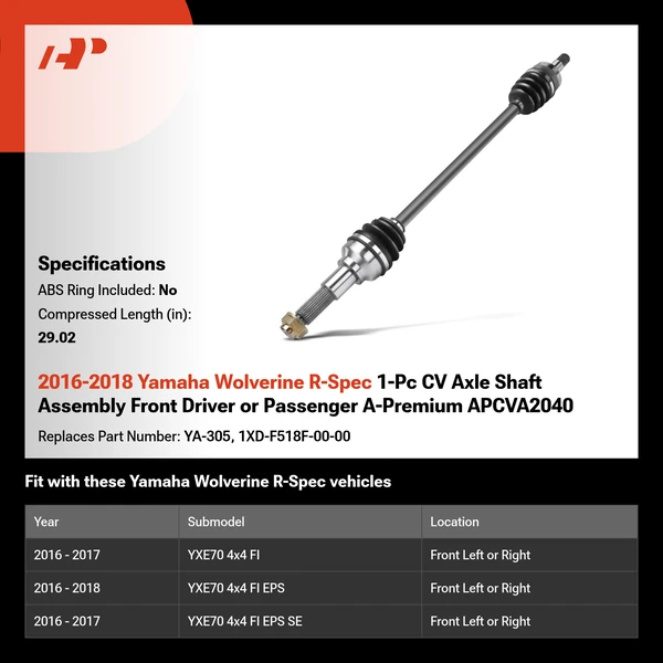 2016-2018 Yamaha Wolverine R-Spec 1-Pc CV Axle Shaft Assembly Front Driver or Passenger A-Premium APCVA2040