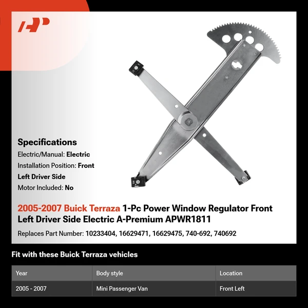 2005-2007 Buick Terraza 1-Pc Power Window Regulator Front Left Driver Side Electric A-Premium APWR1811