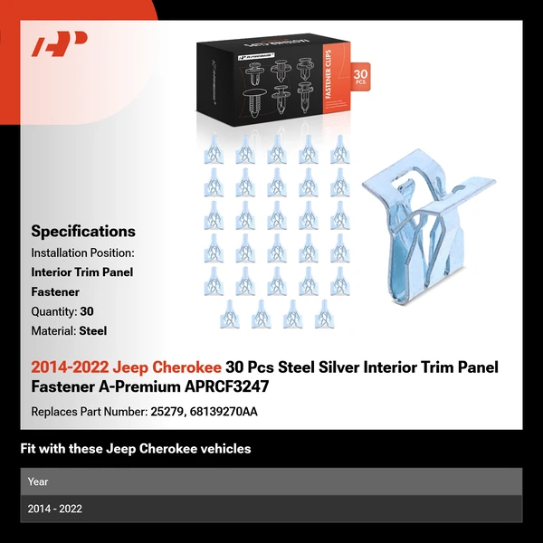 2014-2022 Jeep Cherokee 30 Pcs Steel Silver Interior Trim Panel Fastener A-Premium APRCF3247