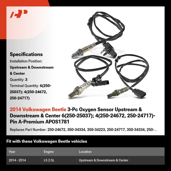 2014 Volkswagen Beetle 3-Pc Oxygen Sensor Upstream & Downstream & Center 6(250-25037); 4(250-24672, 250-24717)-Pin A-Premium APOS1781