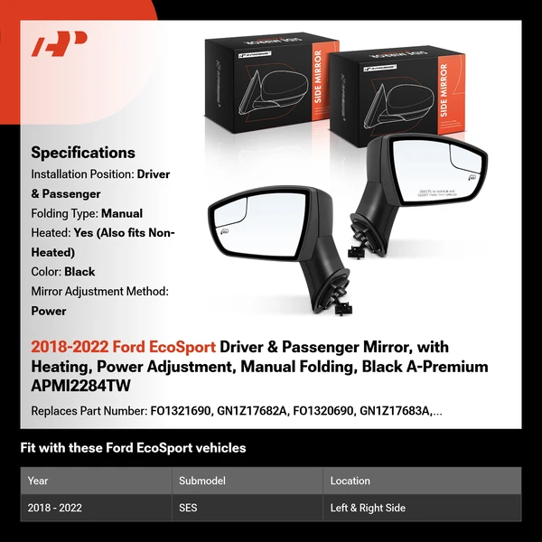 2018-2022 Ford EcoSport Driver & Passenger Mirror, with Heating, Power Adjustment, Manual Folding, Black A-Premium APMI2284TW