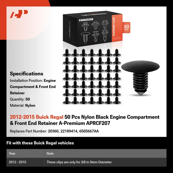 2012-2015 Buick Regal 50 Pcs Nylon Black Engine Compartment & Front End Retainer A-Premium APRCF207