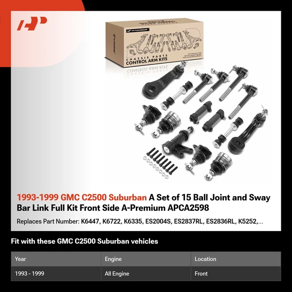 1993-1999 GMC C2500 Suburban A Set of 15 Ball Joint and Sway Bar Link Full Kit Front Side A-Premium APCA2598
