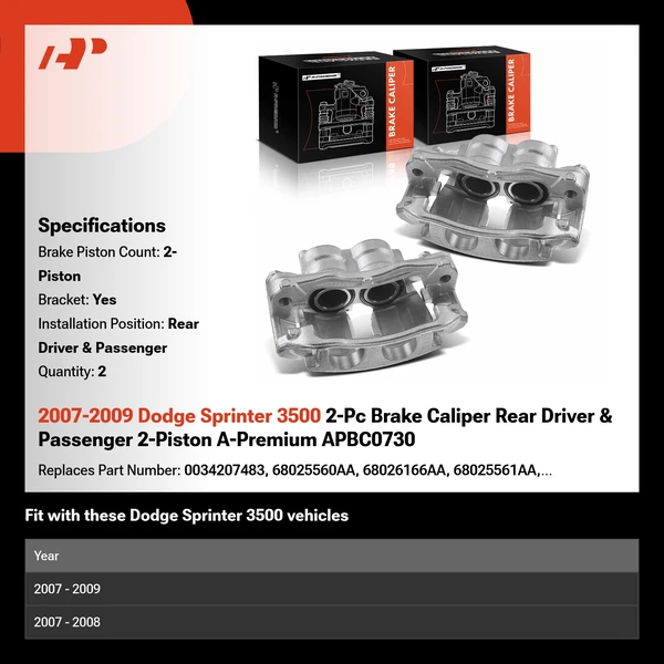 2007-2009 Dodge Sprinter 3500 2-Pc Brake Caliper Rear Driver & Passenger 2-Piston A-Premium APBC0730