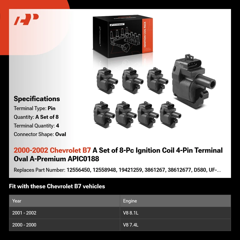2000-2002 Chevrolet B7 A Set of 8-Pc Ignition Coil 4-Pin Terminal Oval A-Premium APIC0188