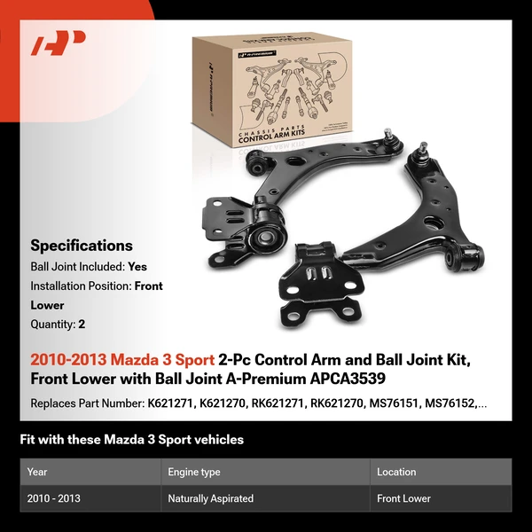 2010-2013 Mazda 3 Sport 2-Pc Control Arm and Ball Joint Kit, Front Lower with Ball Joint A-Premium APCA3539