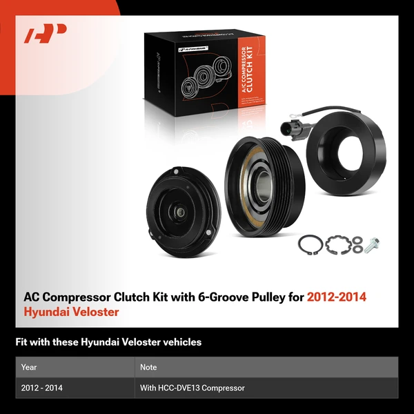 AC Compressor Clutch Kit with 6-Groove Pulley for 2012-2014 Hyundai Veloster