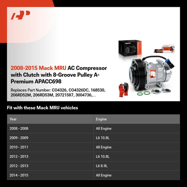 2008-2015 Mack MRU AC Compressor with Clutch with 8-Groove Pulley A-Premium APACC698