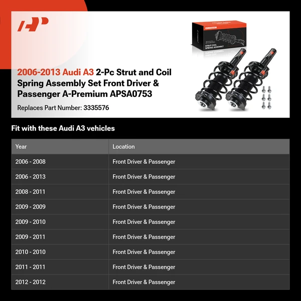 2006-2013 Audi A3 2-Pc Strut and Coil Spring Assembly Set Front Driver & Passenger A-Premium APSA0753