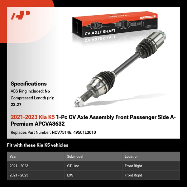2021-2023 Kia K5 1-Pc CV Axle Assembly Front Passenger Side A-Premium APCVA3632