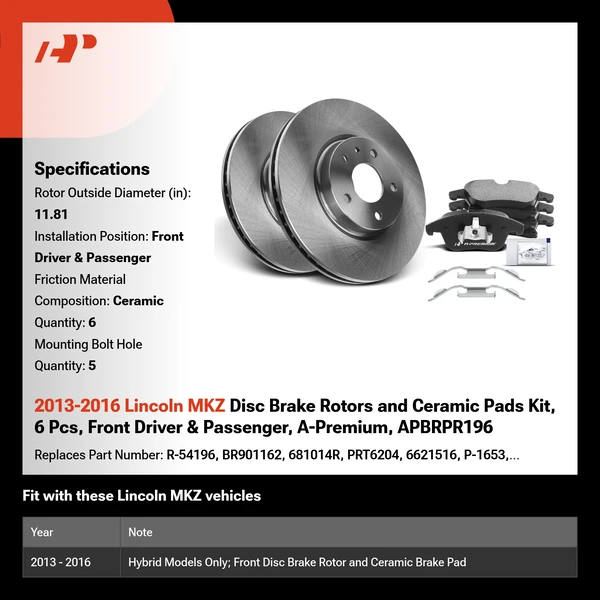 2013-2016 Lincoln MKZ Disc Brake Rotors and Ceramic Pads Kit, 6 Pcs, Front Driver & Passenger, A-Premium, APBRPR196