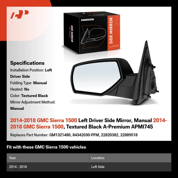 2014-2018 GMC Sierra 1500 Left Driver Side Mirror, Manual 2014-2018 GMC Sierra 1500, Textured Black A-Premium APMI745