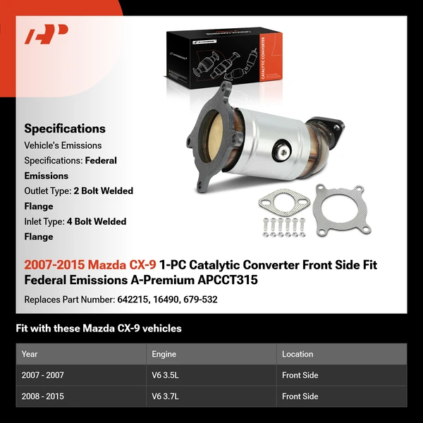 2007-2015 Mazda CX-9 1-PC Catalytic Converter Front Side Fit Federal Emissions A-Premium APCCT315