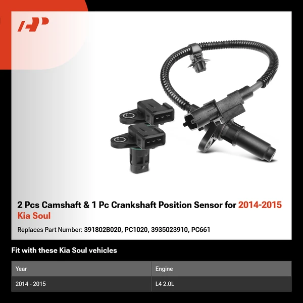 2 Pcs Camshaft & 1 Pc Crankshaft Position Sensor for 2014-2015 Kia Soul