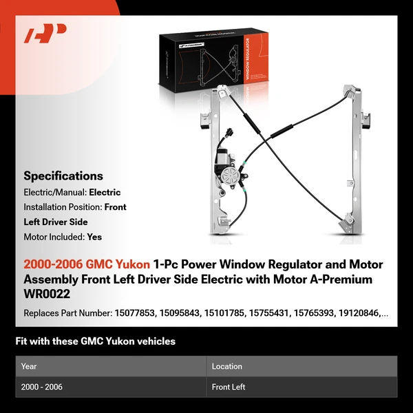 2000-2006 GMC Yukon 1-Pc Power Window Regulator and Motor Assembly Front Left Driver Side Electric with Motor A-Premium WR0022