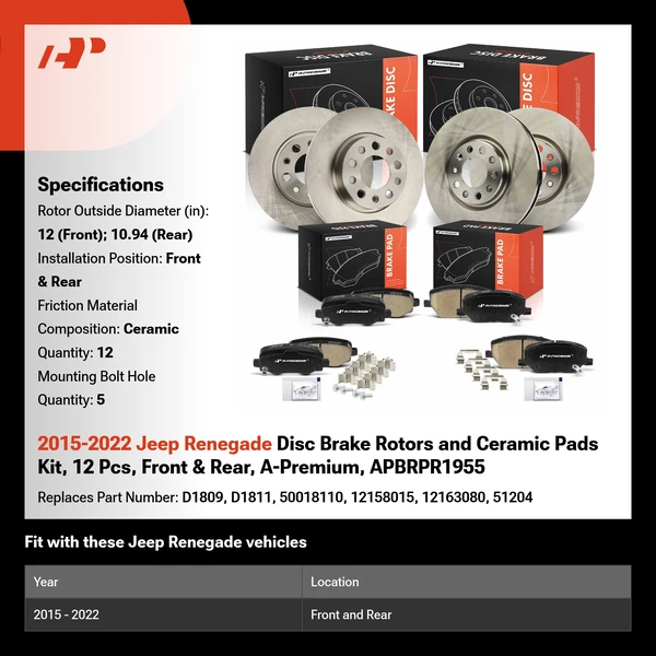 2015-2022 Jeep Renegade Disc Brake Rotors and Ceramic Pads Kit, 12 Pcs, Front & Rear, A-Premium, APBRPR1955